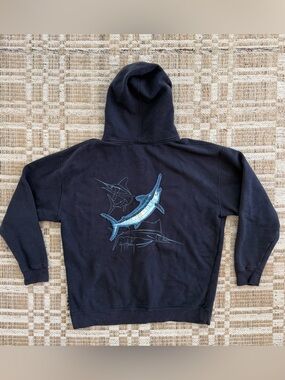 Guy Harvey Navy Blue Zip Up Hoodie Sweatshirt with Blue Marlin Graphic